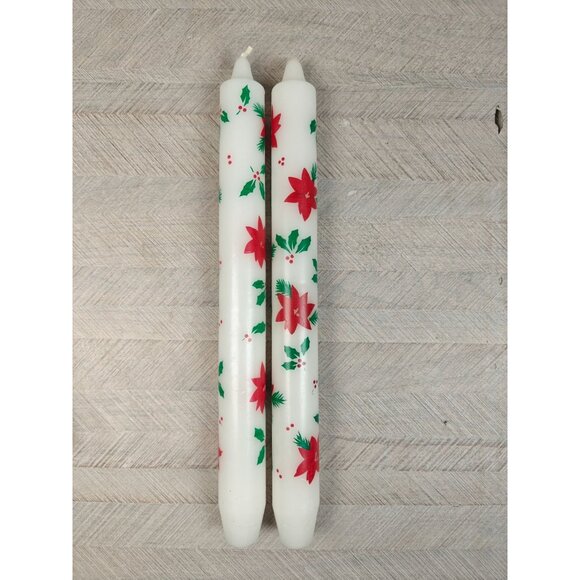 Vintage Set of 2 Christmas White Taper Candles Red Poinsettia Green Holly 10" - Picture 2 of 4